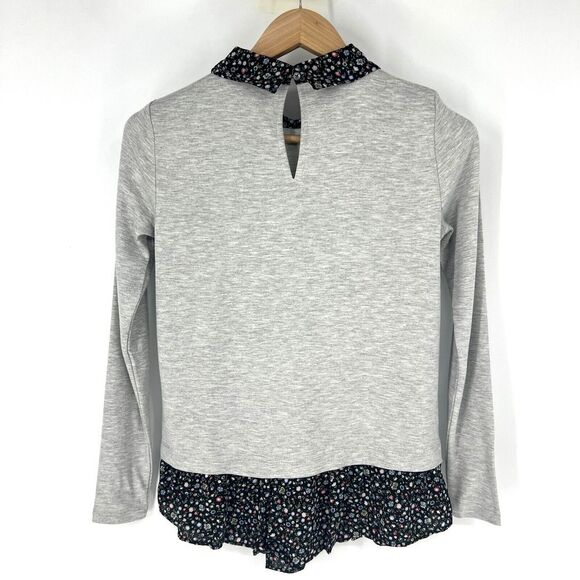 LOFT Long Sleeve Top Floral‎ Collar & Ruffle Hem Womens Petite Size XXS Gray NWT - Picture 2 of 12